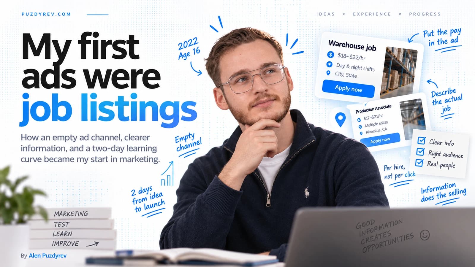 Alen at a laptop beside mocked-up job ads showing hourly pay and shifts, with notes reading empty channel, 2 days from idea to launch, and per hire not per click
