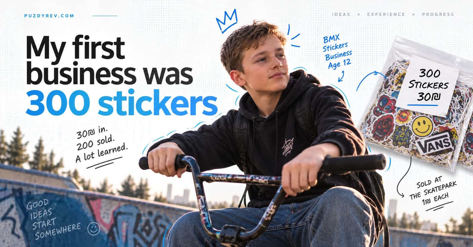 A kid on a BMX at a skatepark, next to a bag labelled 300 stickers, 30 shekels, and handwritten notes reading 30 in, 200 sold, a lot learned